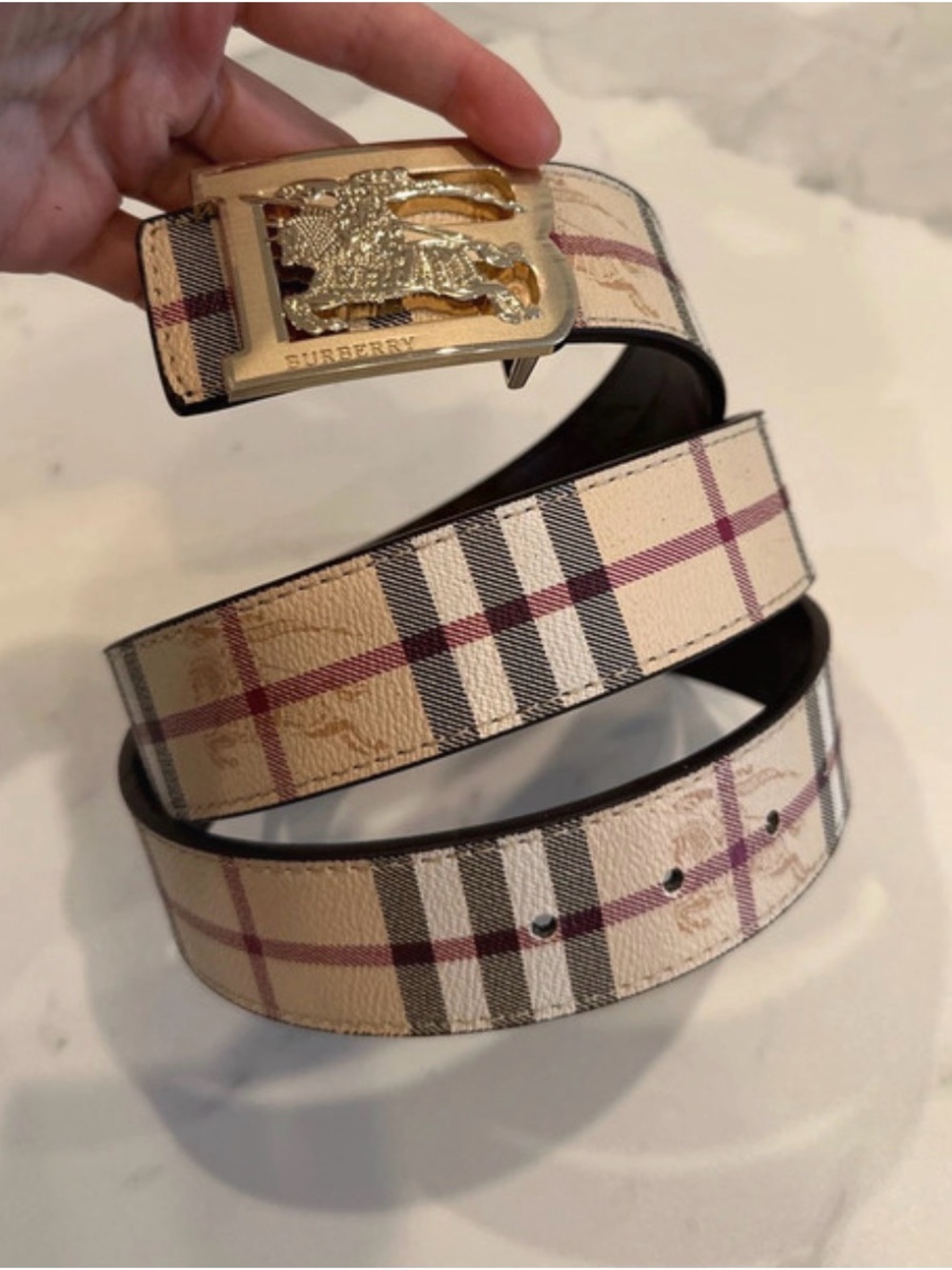 Burberry Beige Plaid Leather Belt with Gold-tone Horseferry Buckle